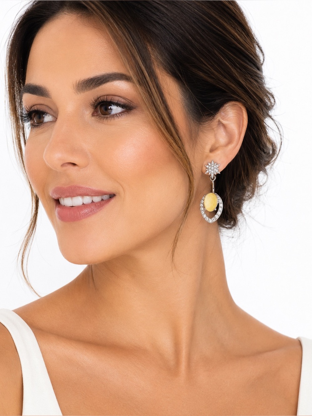 Elegant Silver Tone Yellow Gemstone Drop Crystal Flower Statement Earrings